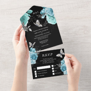 Aqua black silver glam butterfly rose floral chic all in one invitation