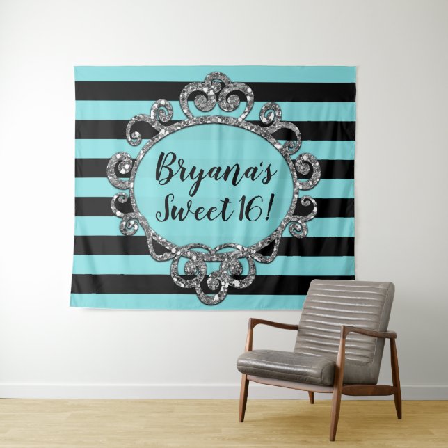 Aqua Black Silver Striped Birthday Party Backdrop (In Situ (Horizontal))