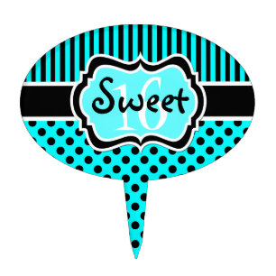 Aqua, Black Stripes, Polka Dots Sweet 16 Cake Pick