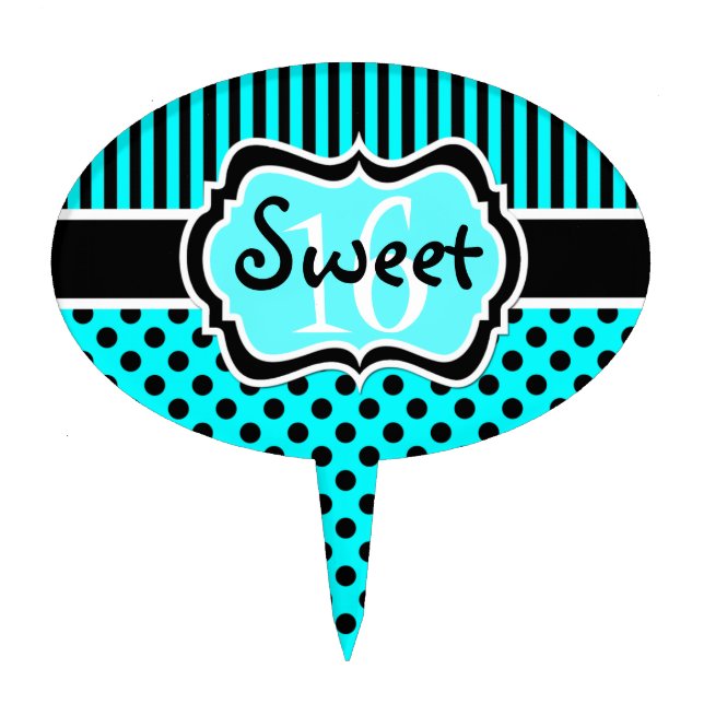Aqua, Black Stripes, Polka Dots Sweet 16 Cake Pick (Front)