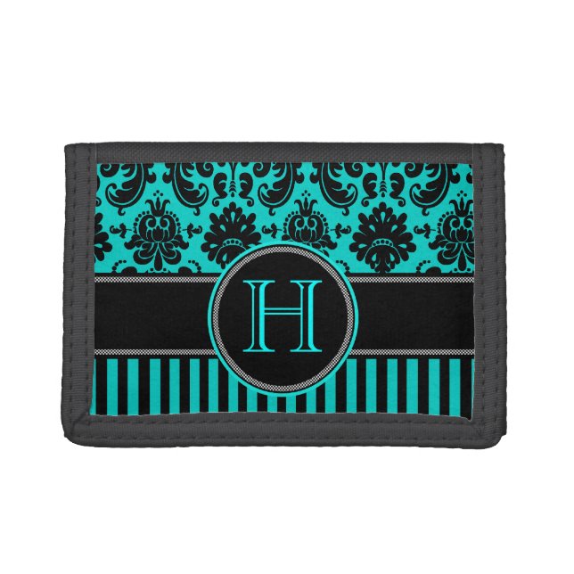Aqua, Black, White Damask, Stripes Tri-Fold Wallet (Front)