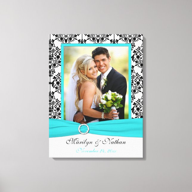 Aqua, Black, White Damask Wedding Canvas (Front)