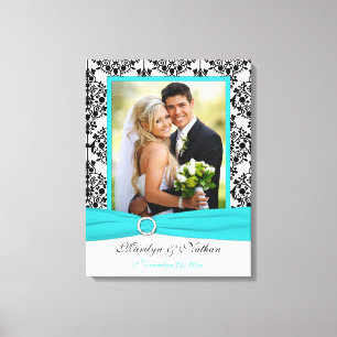Aqua, Black, White Damask Wedding Canvas Print
