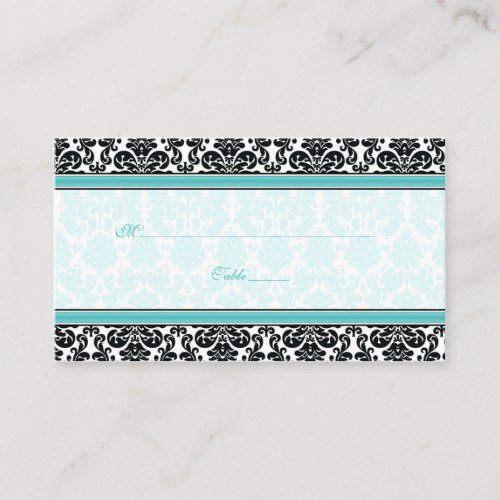 Aqua, Black, White Damask Wedding Place Cards Business Card Template