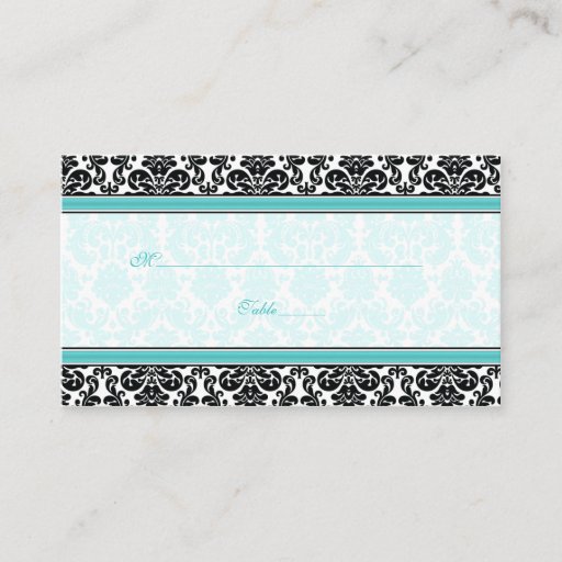 Customizable Aqua, Black, White Damask Wedding Place Cards Business Card Template