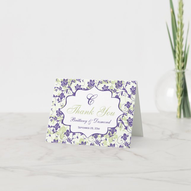 Aqua Black White Floral Damask Thank You Card (Front)