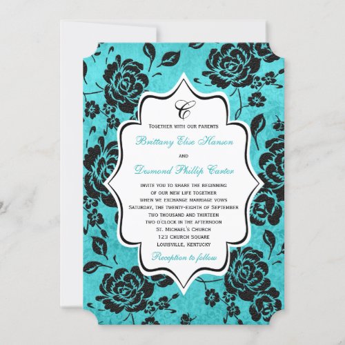 Aqua Black White Floral Damask Wedding Invitation