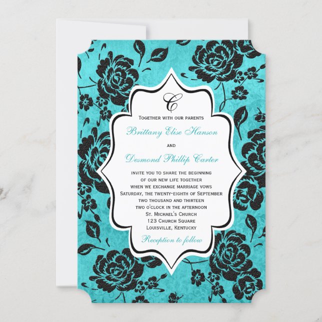 Aqua Black White Floral Damask Wedding Invitation (Front)