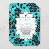 Aqua Black White Floral Damask Wedding Invitation (Front/Back)