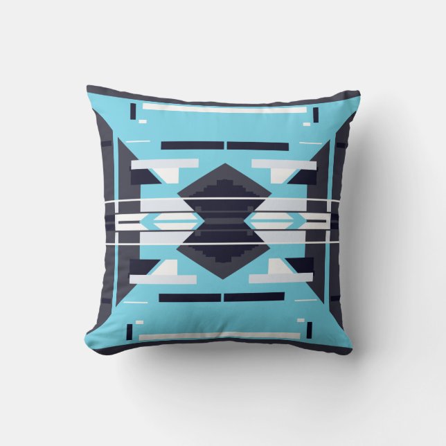 Aqua Black White Gray Symmetrical Southwest Look Throw Pillow (Front)