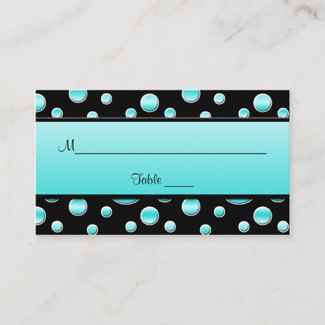 Aqua, Black, White Polka Dots Placecards (Front)