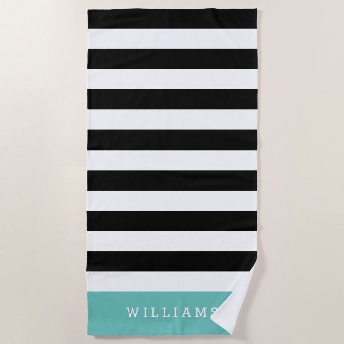 Aqua Black & White Stripe Personalized Beach Towel