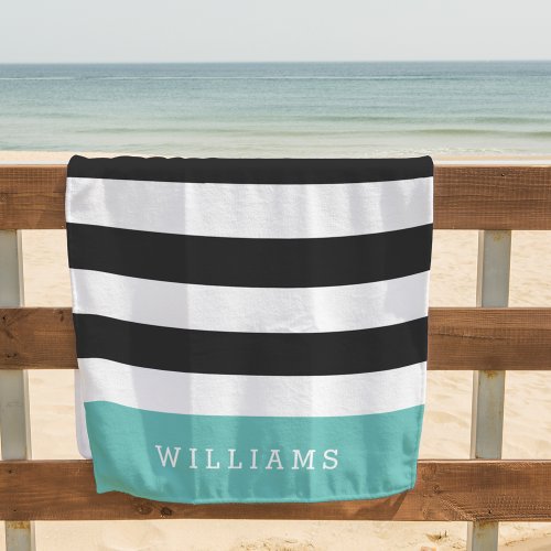 Aqua  Black  White Stripe Personalized Beach Towel