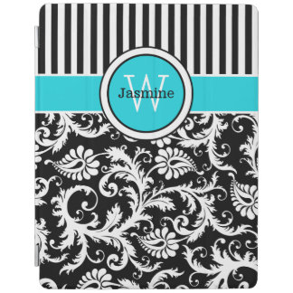 Aqua Black White Stripes, Damask iPad 2/3/4 Cover