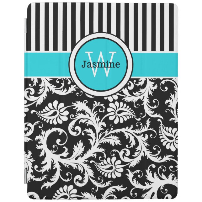 Aqua Black White Stripes, Damask iPad 2/3/4 Cover (Front)