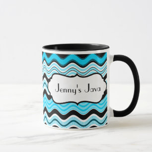 Aqua, Black, White Wavy Stripes Personalized Mug