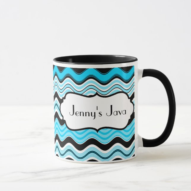 Aqua, Black, White Wavy Stripes Personalized Mug (Right)