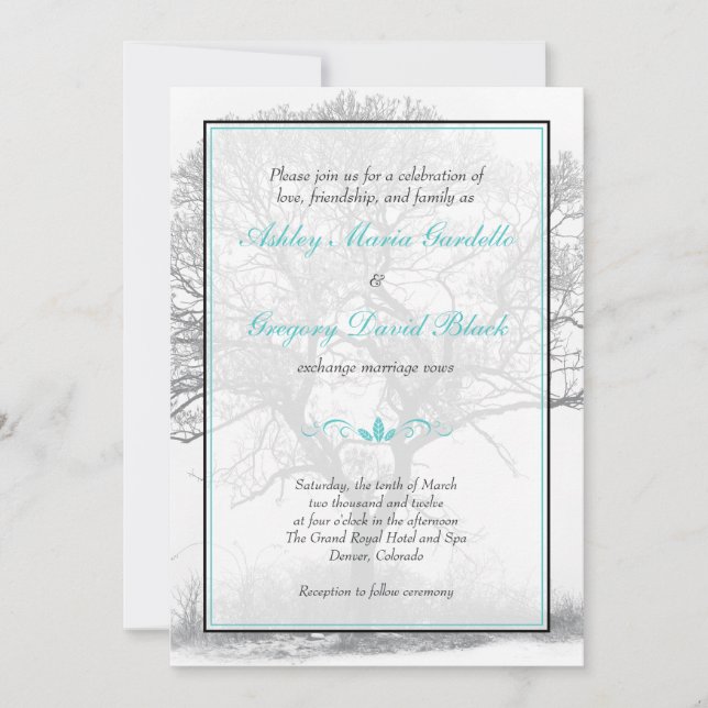Aqua Black White Winter Tree Wedding Invitation (Front)