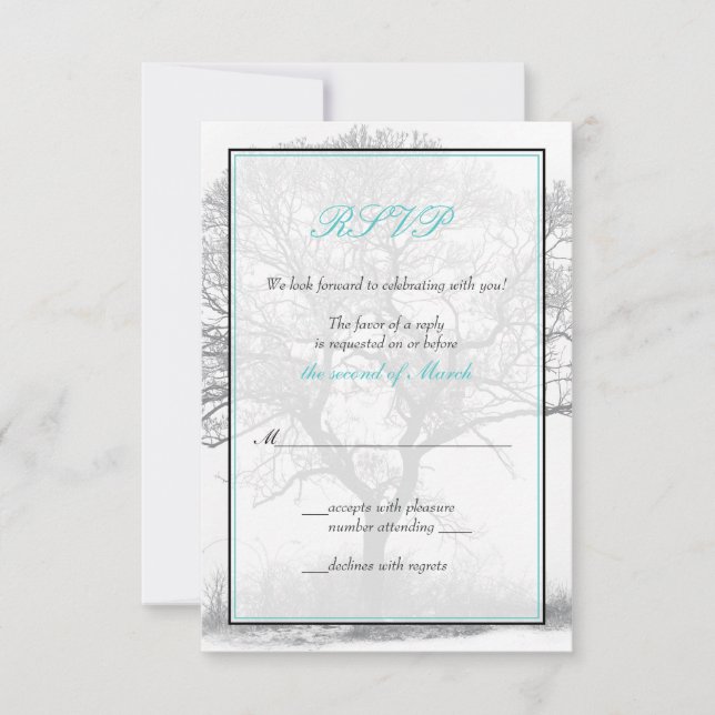Aqua Black White Winter Tree Wedding Reply Card (Front)