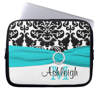 Aqua Black White with FAUX Ribbon Laptop Sleeve