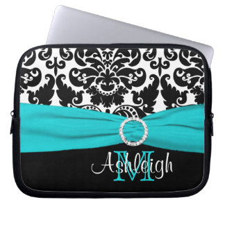 Aqua Black White with FAUX Ribbon Laptop Sleeve