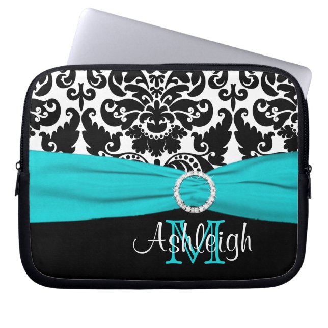 Aqua Black White with FAUX Ribbon Laptop Sleeve (Front)