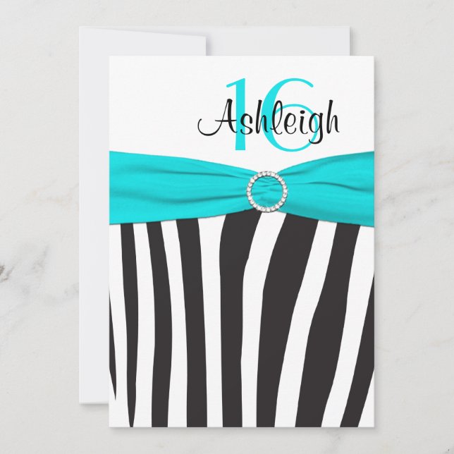 Aqua, Black, White Zebra 16th Birthday Invitation (Front)