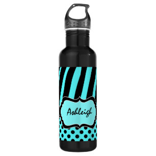 Aqua, Black, White Zebra Stripes Stainless Steel Water Bottle