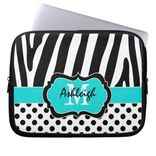 Aqua Black Zebra Stripes Polka Dots Laptop Case