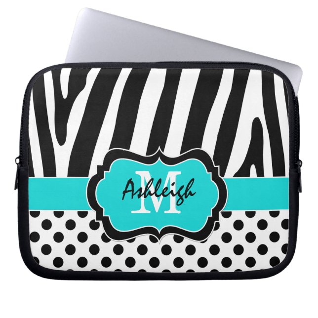 Aqua Black Zebra Stripes Polka Dots Laptop Case (Front)