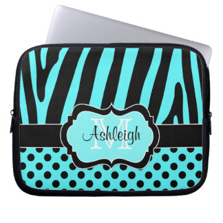 Aqua Black Zebra Stripes Polka Dots Laptop Case