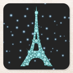 Aqua Bling Eiffel Tower Square Paper Coaster