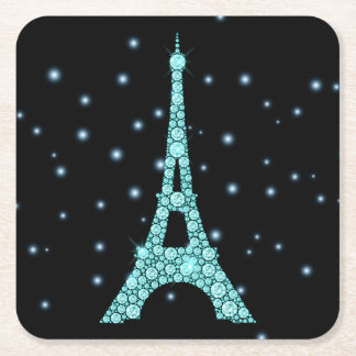 Aqua Bling Eiffel Tower Square Paper Coaster