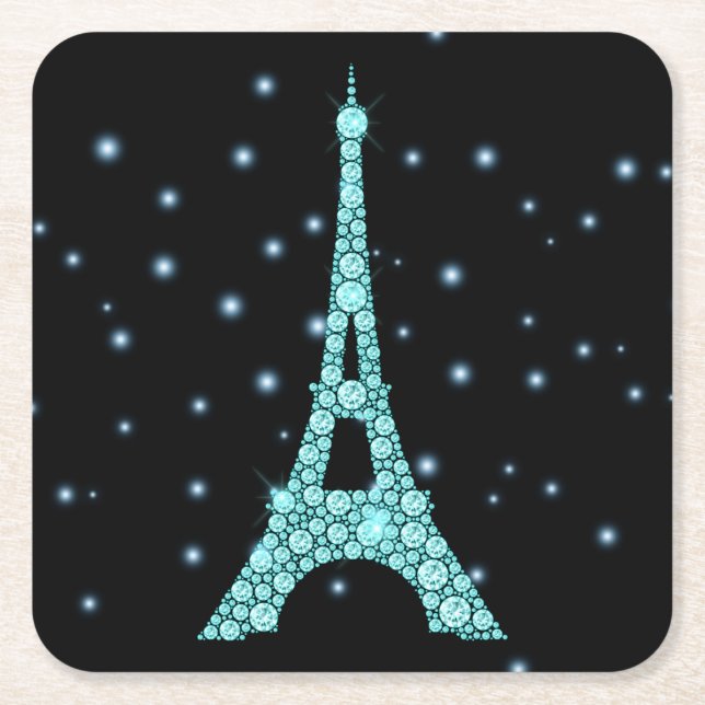 Aqua Bling Eiffel Tower Square Paper Coaster (Front)