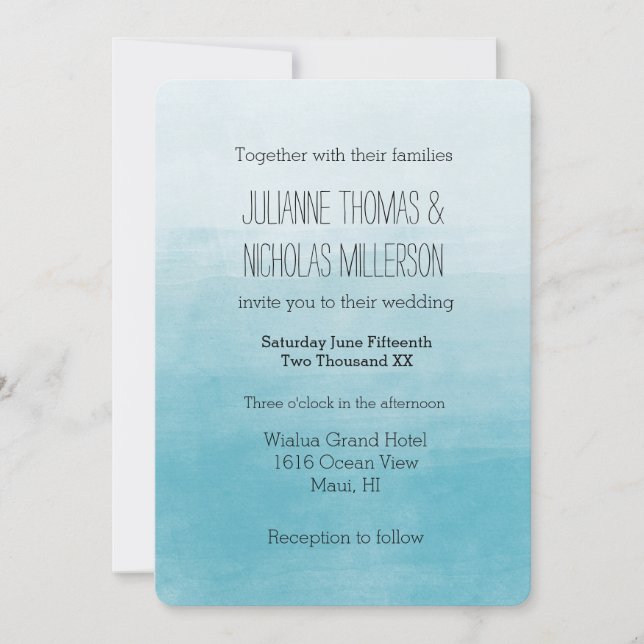 Aqua Bliss Watercolor Ombre Wedding Invitation (Front)
