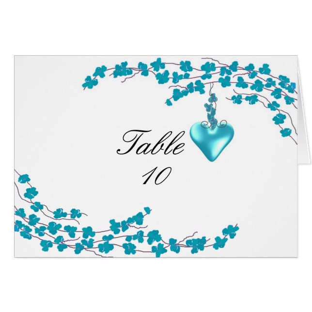 Aqua Blossom and Heart Table Seating Number Cards (Front Horizontal)
