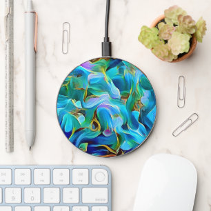 Aqua Blue Abstract Flower Art Charger