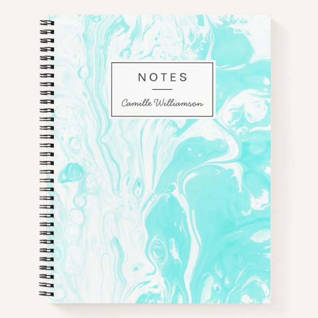 Aqua Blue Abstract Marble Personalized  Notebook (Front)