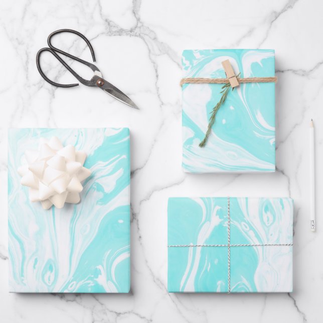 Aqua Blue Abstract Marble  Wrapping Paper Sheets (Front)