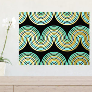 Aqua Blue Abstract Wave Lines Art Pattern Gold Foil Prints