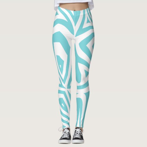 Aqua Blue Abstract Zebra Print Womens Leggings