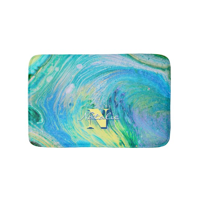Aqua Blue Acrylic Flow Art Bath Mat (Front)