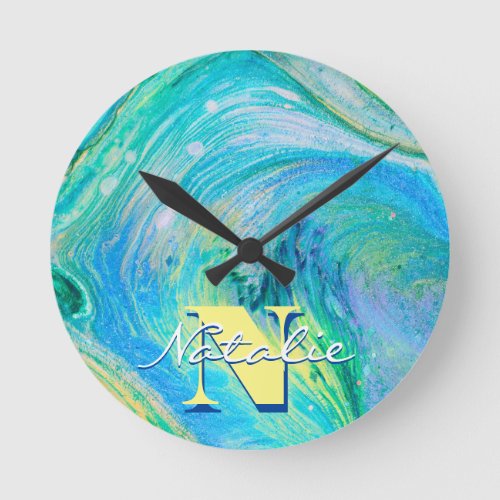 Aqua Blue Acrylic Flow Art Round Clock