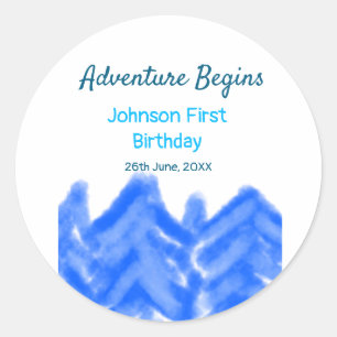 Aqua blue Adventure begins 1st birthday mountain d Classic Round Sticker