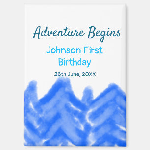 Aqua blue Adventure begins 1st birthday mountain d Magnet
