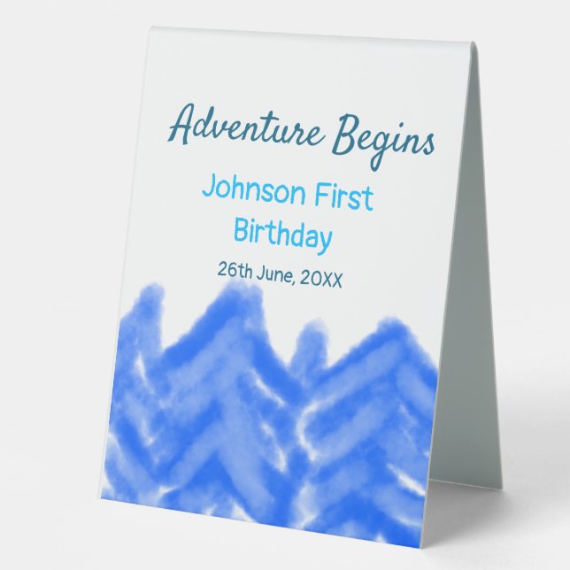 Aqua blue Adventure begins 1st birthday mountain d Table Tent (Front)