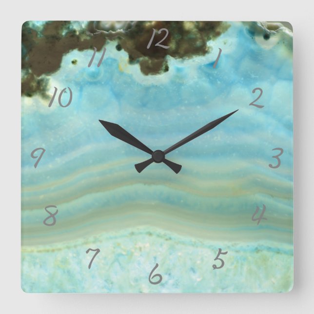 Aqua Blue Agate Geode Gemstone Crystal Pattern Square Wall Clock (Front)