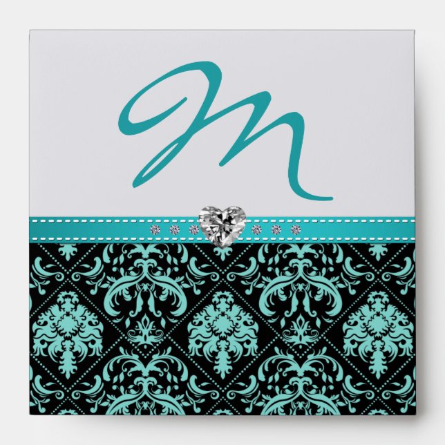Aqua Blue and Black damask Monogram with Diamonds Envelope (Front)