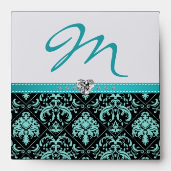 Aqua Blue And Black Damask Monogram With Diamonds Envelope by weddingsNthings at Zazzle