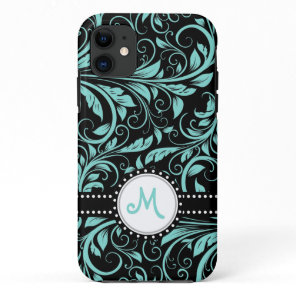 Aqua Blue and black damask with monogram iPhone 11 Case